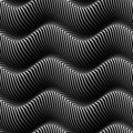 Vector moire seamless pattern of monochrome striped waves. Optical art winding texture for wallpaper design