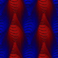 Vector moire seamless pattern of red blue gradient stripes on black. Creative colorful texture for wallpaper design