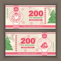 Vector money banknotes illustration with portrait of Santa Claus, bells. State currency. Back sides of money bills. Fake money. Royalty Free Stock Photo