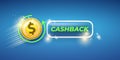 vector money cash back horizontal banner design template with cash back icon and coins isolated on modern blue
