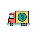 Vector money truck, transfer cash, banking car flat color line icon.