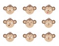 Vector monkey faces with different emotions. Set of animal emoji stickers. Heads with funny expressions isolated on white