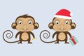 Vector Monkeys In Red Santa`s Hat. Christmas