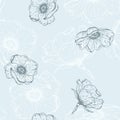 Vector Monochromatic Blue Wild Roses Vintage Drawing seamless pattern background. Perfect for fabric, scrapbooking and
