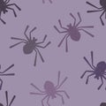 Vector Monochromatic Spiders in Purple seamless pattern background. Perfect for fabric, scrapbooking and wallpaper