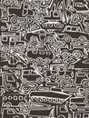 Vector monochrome auto pattern, doodle lines, black and white grunge background