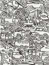 Vector monochrome auto pattern, doodle lines, black and white grunge background