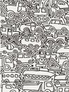 Vector monochrome auto pattern, doodle lines, black and white grunge background