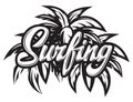 Vector monochrome calligraphic inscription surfing with palm leaves