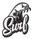 Vector monochrome calligraphic inscription surfing with wave