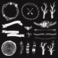 Vector monochrome decoration set with arrows, feathers, floral frames, borders, ribbons, branches. Royalty Free Stock Photo