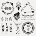 Vector monochrome ethnic set with arrows, feathers, crystals Royalty Free Stock Photo