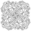 Vector Monochrome Floral Background. Hand Drawn Ornament with Decorative Clover and Coins Royalty Free Stock Photo