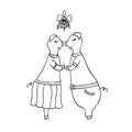 Vector monochrome hand-drawn illustration of two pigs kissing