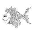 Vector monochrome hand drawn zentagle illustration of cute fish.