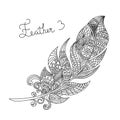 Vector monochrome hand drawn zentagle illustration of feather.