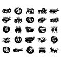 Vector monochrome icon set with ancient Scythian art. Plaques with animal motifs