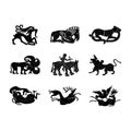 Vector monochrome icon set with ancient Scythian art. Plaques with animal motifs Royalty Free Stock Photo