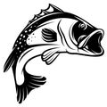 Vector monochrome illustration of bass with fins, tail and open mouth