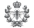 Vector monochrome illustration with bee, imperial crown and laurel wreath Royalty Free Stock Photo