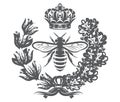 Vector monochrome illustration with bee, imperial crown and wreath