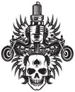 Vector monochrome image on motorcycle theme with skull, wings, engine