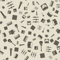 Vector monochrome music gear icons seamless pattern