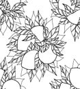 Vector monochrome pattern with contour bush of citrus fruits with leaves. Seamless texture with bunch of outline lemons with