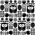 Scandinavian seamless cute pattern with owl and flower, inspired by Swedish and Finnish folk art, black and white Nordic style