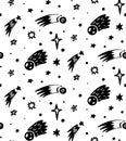 Vector monochrome seamless childish cosmos pattern with stars, comet and asteroid on white background. Texture of the universe