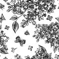 Vector monochrome seamless pattern with blooming flowers of lilac