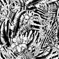 Vector monochrome seamless pattern of tropical leaves Royalty Free Stock Photo