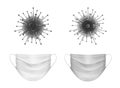 Vector monochrome set of coronavirus bacteria with medical face masks isolated on white background.