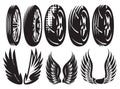 Vector monochrome set of motorcycle wheels and wings Royalty Free Stock Photo
