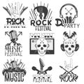Vector monochrome set of music theme emblems. Isolated badges, logos, banners or stickers with guitars, microphones Royalty Free Stock Photo