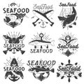 Vector monochrome set of seafood emblems, badges, banners, logos. Isolated illustration in vintage style for groceries Royalty Free Stock Photo