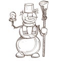 Vector monochrome snowman with carrot, scarf, bucket on the head and mittens, broom in his hand. Illustration isolated on white Royalty Free Stock Photo