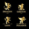 Vector monogram templates. Luxury pegasus, lion etc design. Graceful animals silhouettes illustration.