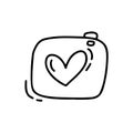 Vector monoline cute camera. Valentines Day Hand Drawn icon. Holiday sketch doodle Design element valentine with Heart