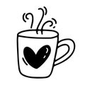 Vector monoline cute cup of coffee with heart. Valentines Day Hand Drawn icon. Holiday sketch doodle Design element