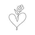 Vector monoline one line flower and heart. Valentines Day Hand Drawn icon. Holiday sketch doodle Design element. love Royalty Free Stock Photo
