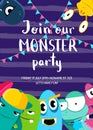 Vector monster party invitation poster with crowd of cute monsters Royalty Free Stock Photo