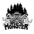 Vector Monster truck with tentacles of the mollusk and forest landscape. Mystical animal car tattoo. Adventure, travel Royalty Free Stock Photo