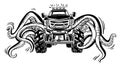 Vector Monster truck with tentacles of the mollusk. Mystical animal car tattoo. Adventure, travel, outdoors art symbols