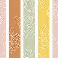 Vector Monstera White Lineart on Pastel Colored Stripes seamless pattern background. Perfect for fabric, scrapbooking
