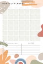Vector monthly planner template with abstract shapes and doodles