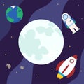 Vector moon in space and rocket, planet earth and astronaut are flying around Royalty Free Stock Photo