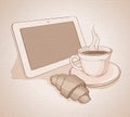 Vector morning with coffee and tablet. canvas texture Royalty Free Stock Photo