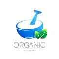 Vector mortar and pestle blue symbol logo with green leaves. Ecology icon concept for medicine, vegetarian, therapy