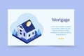 Vector Mortgage Loan illustration. Mortgage banner template with house, money, golden coins, leaves. Royalty Free Stock Photo